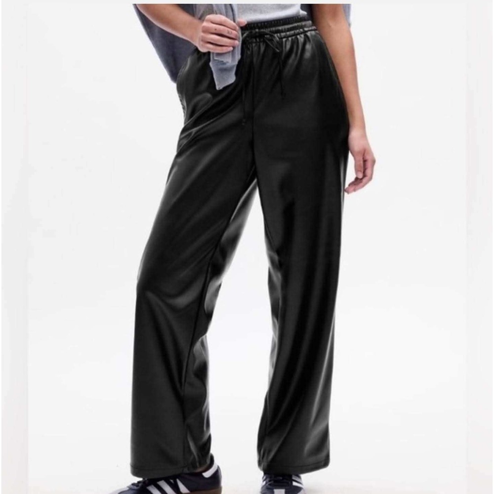 Gap Faux Leather Pants Women Medium Black Wide Leg Elastic Waist Drawstring